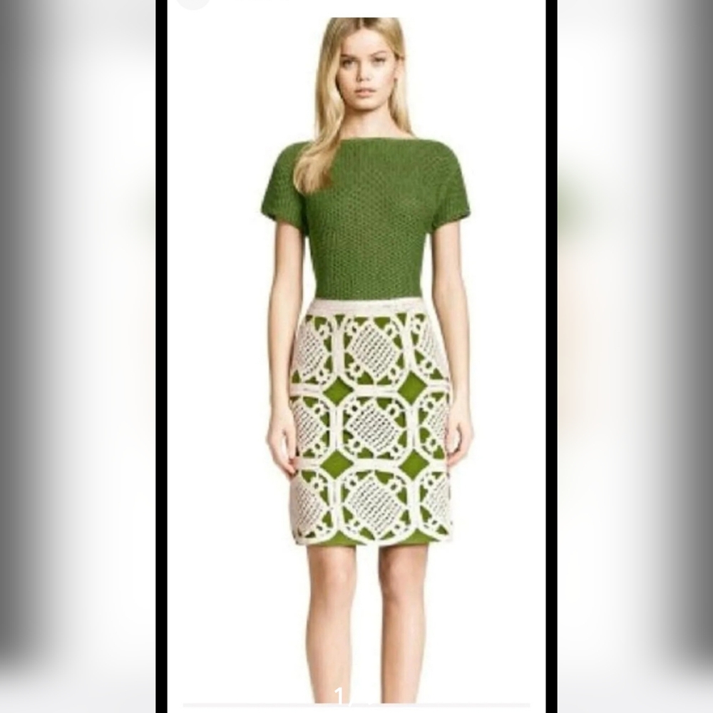 Tory Burch Green Crochet A-Line Knee Skirt NWT Size Large